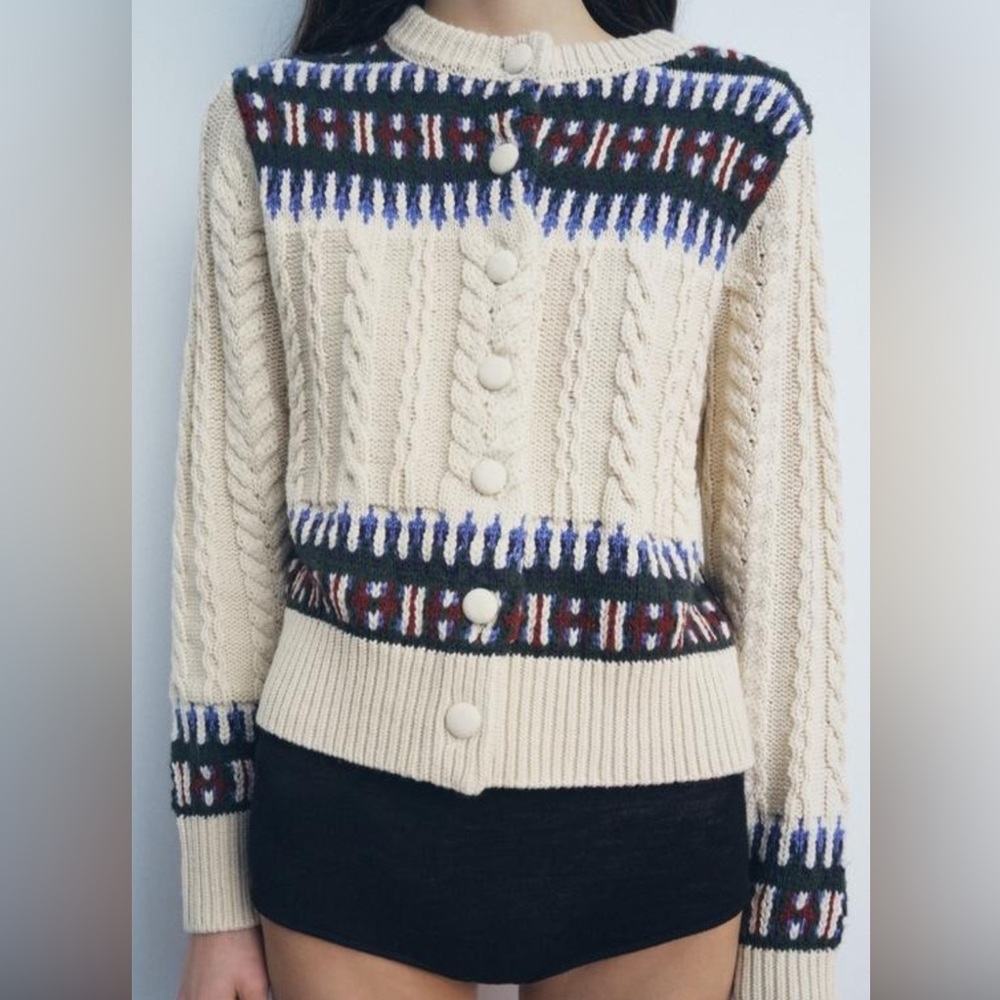 Zara size large jacquard knit cardigan cream blue green red EUC - Picture 2 of 10